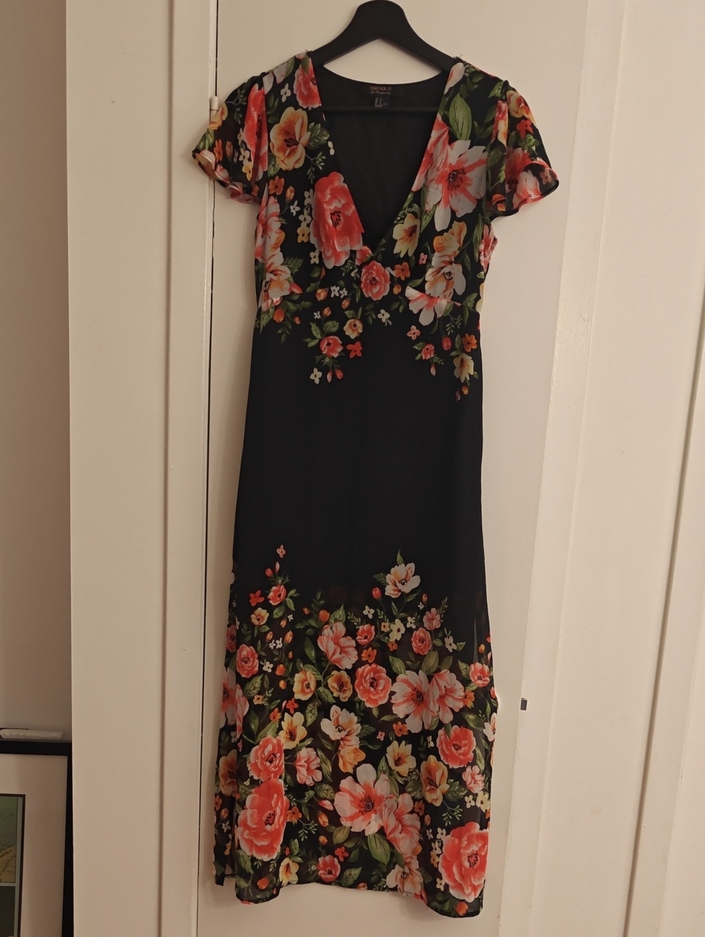 Forever 21 Black Maxi Dress with Coral & Green Floral Print